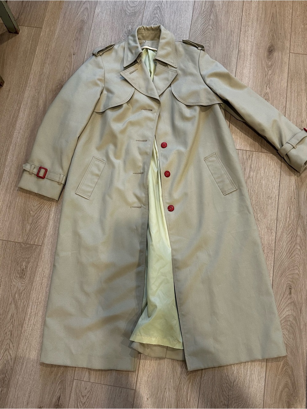 Women's Beige Trench Coat with Red-Accent Buttons